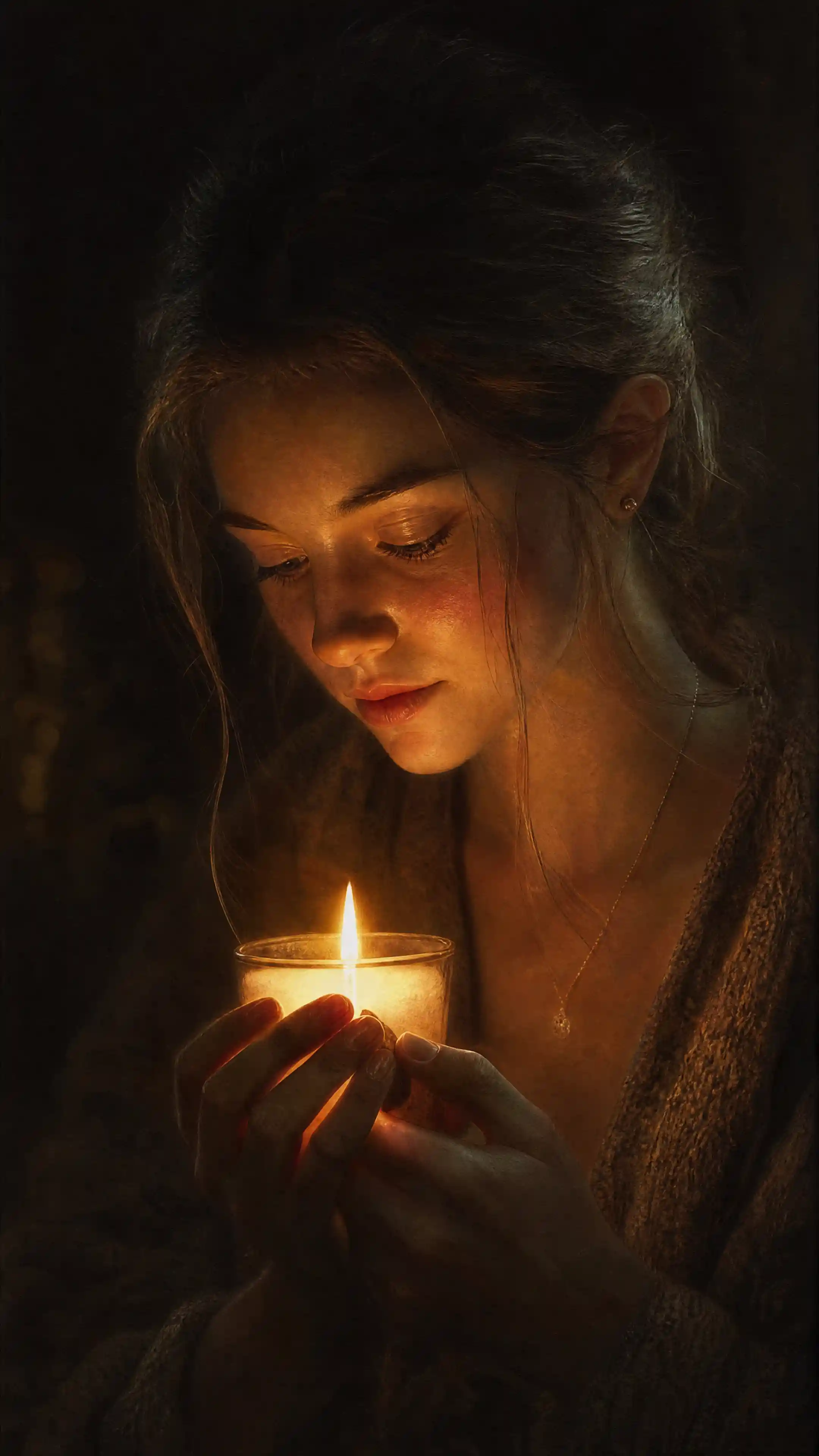 Pastel portrait lit by a single warm candle flame