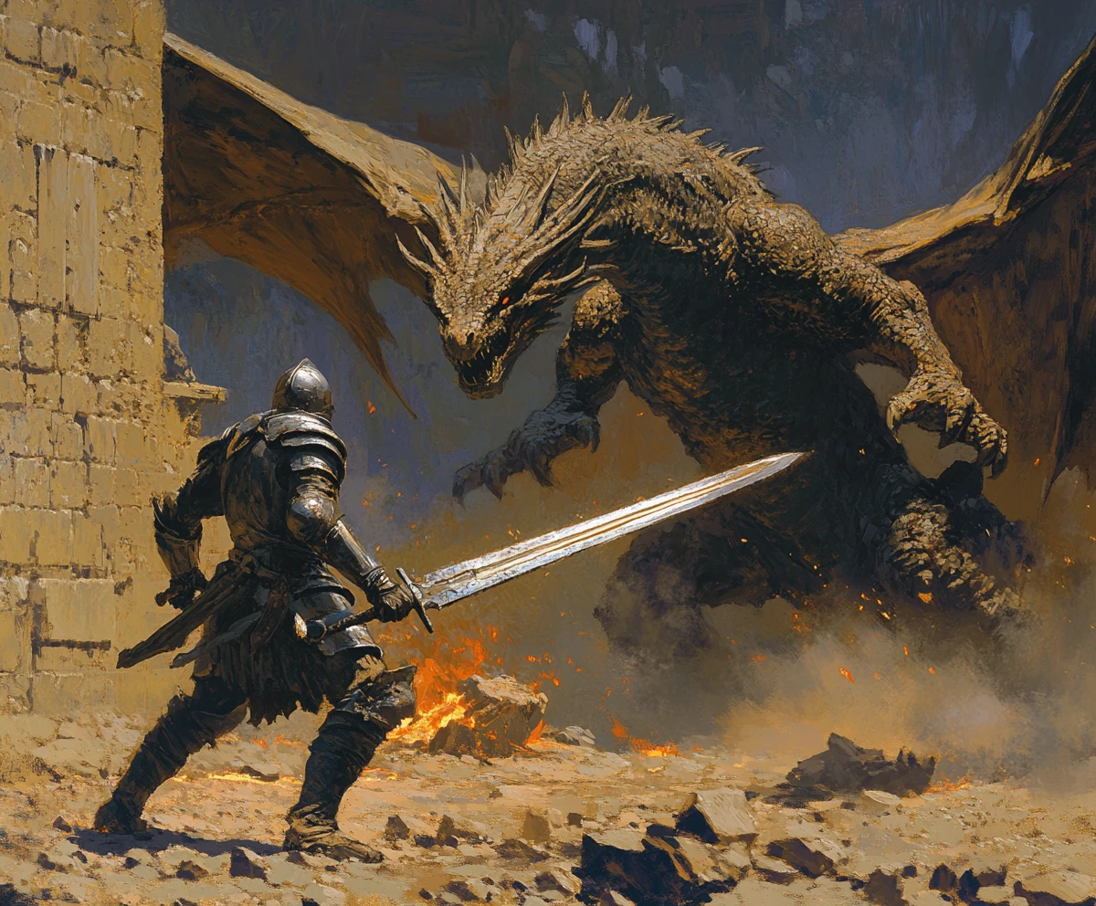Cavaleiro medieval enfrentando um enorme dragão ao anoitecer