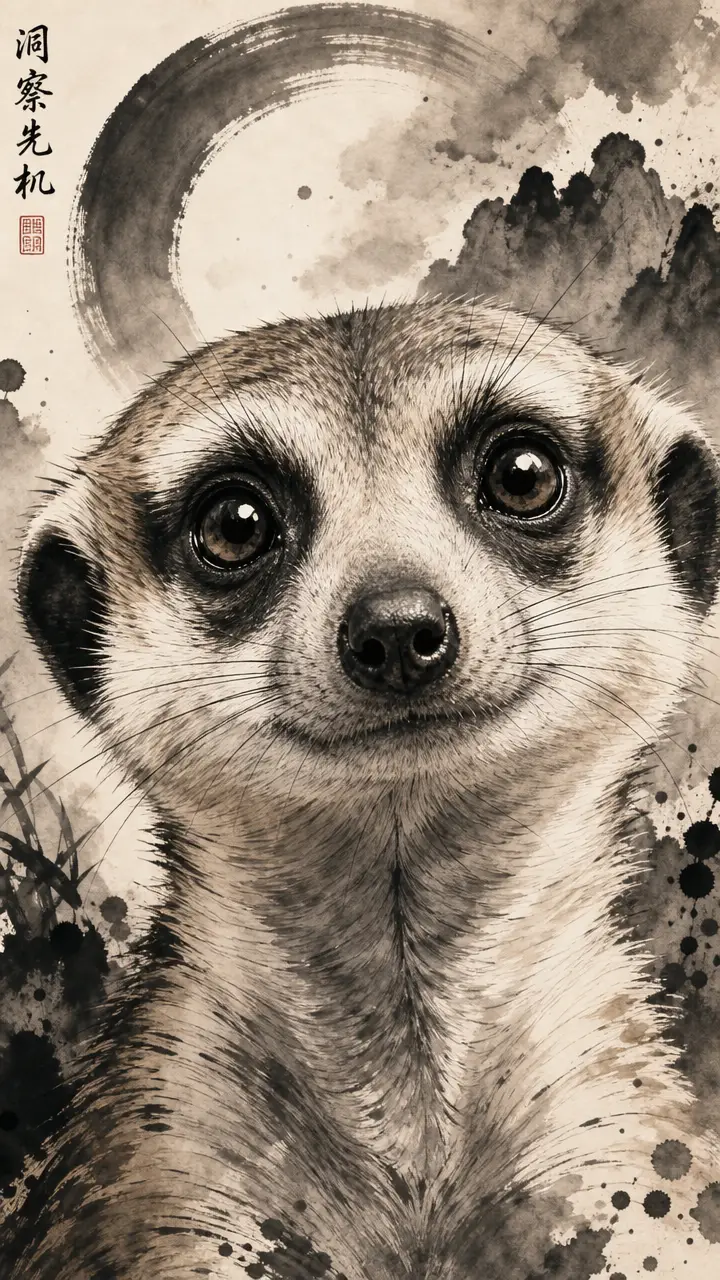 Ink portrait of a cute meerkat with curious expressive eyes