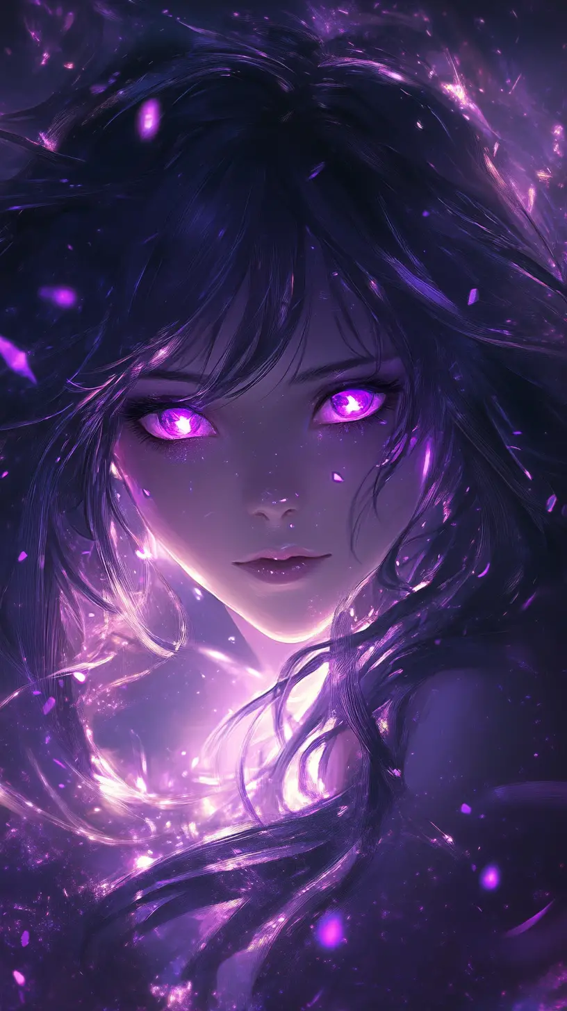 黑暗虛空中擁有發光紫羅蘭雙眼的動漫少女