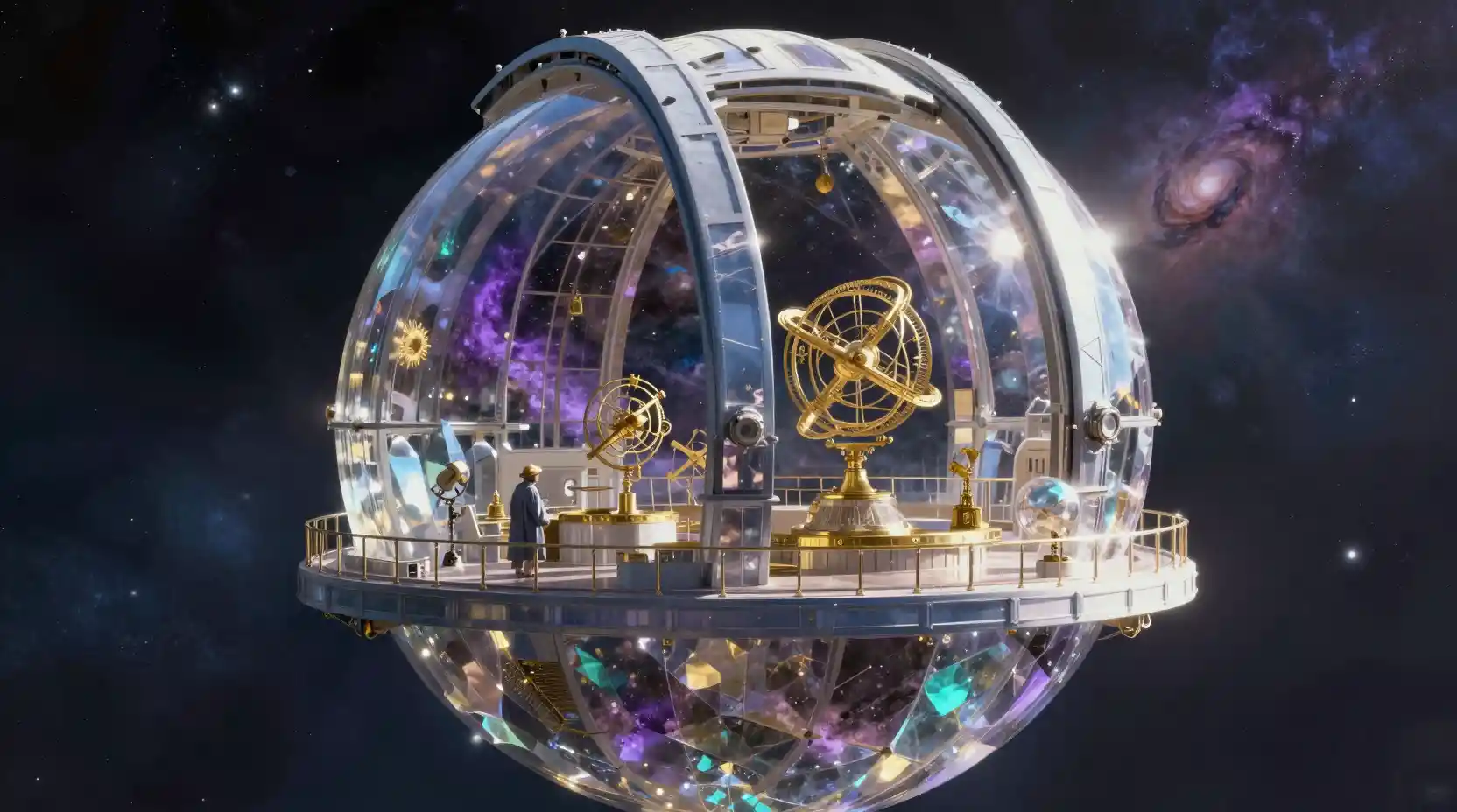 Crystal space observatory with astronomer and cosmic nebulae