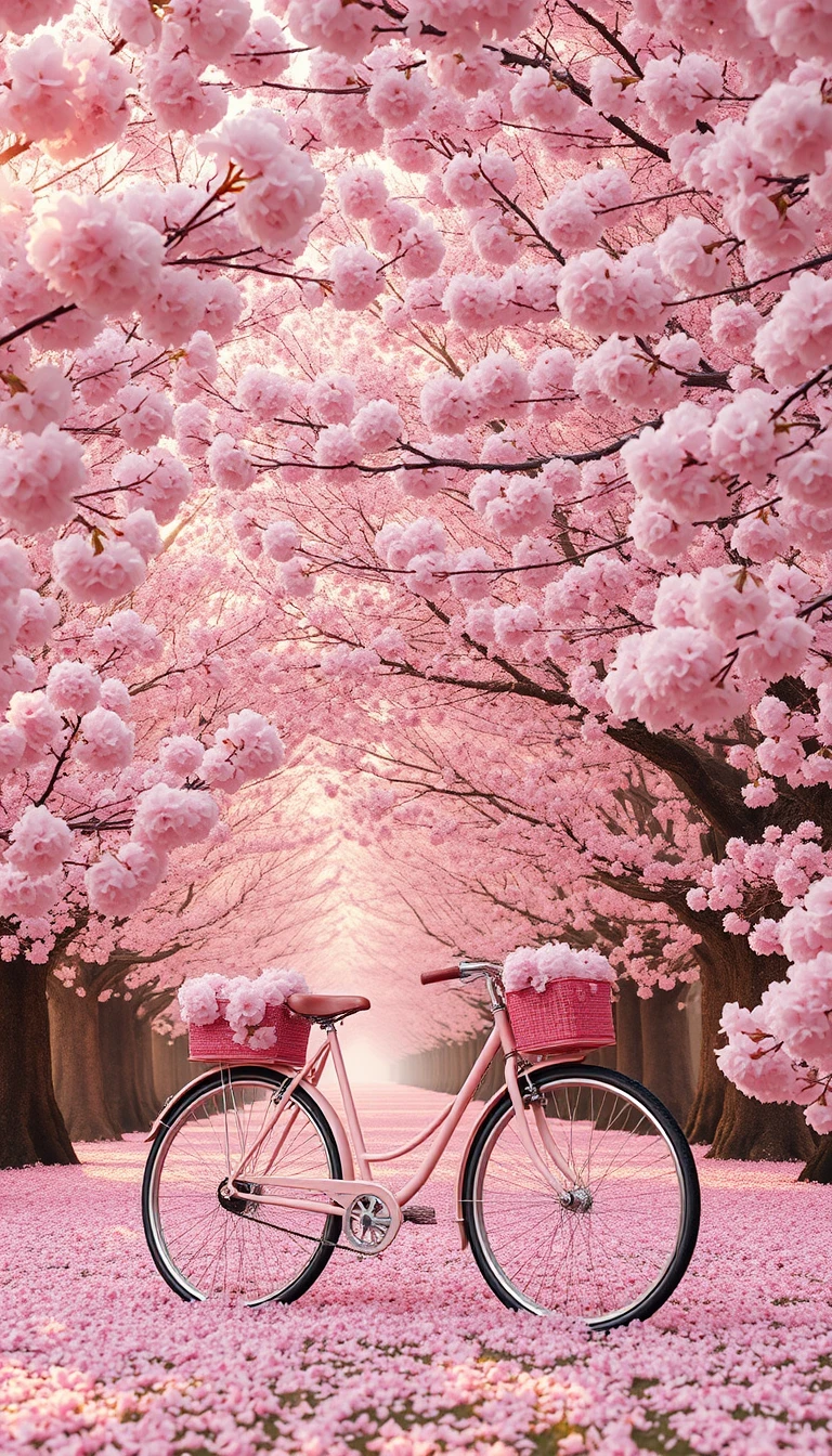 Cherry blossom avenue with vintage bicycle under pink blooms