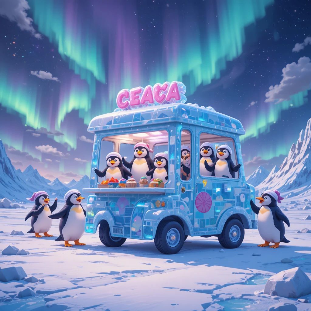 Pinguini giocherelloni alla guida di un magico camion dei gelati