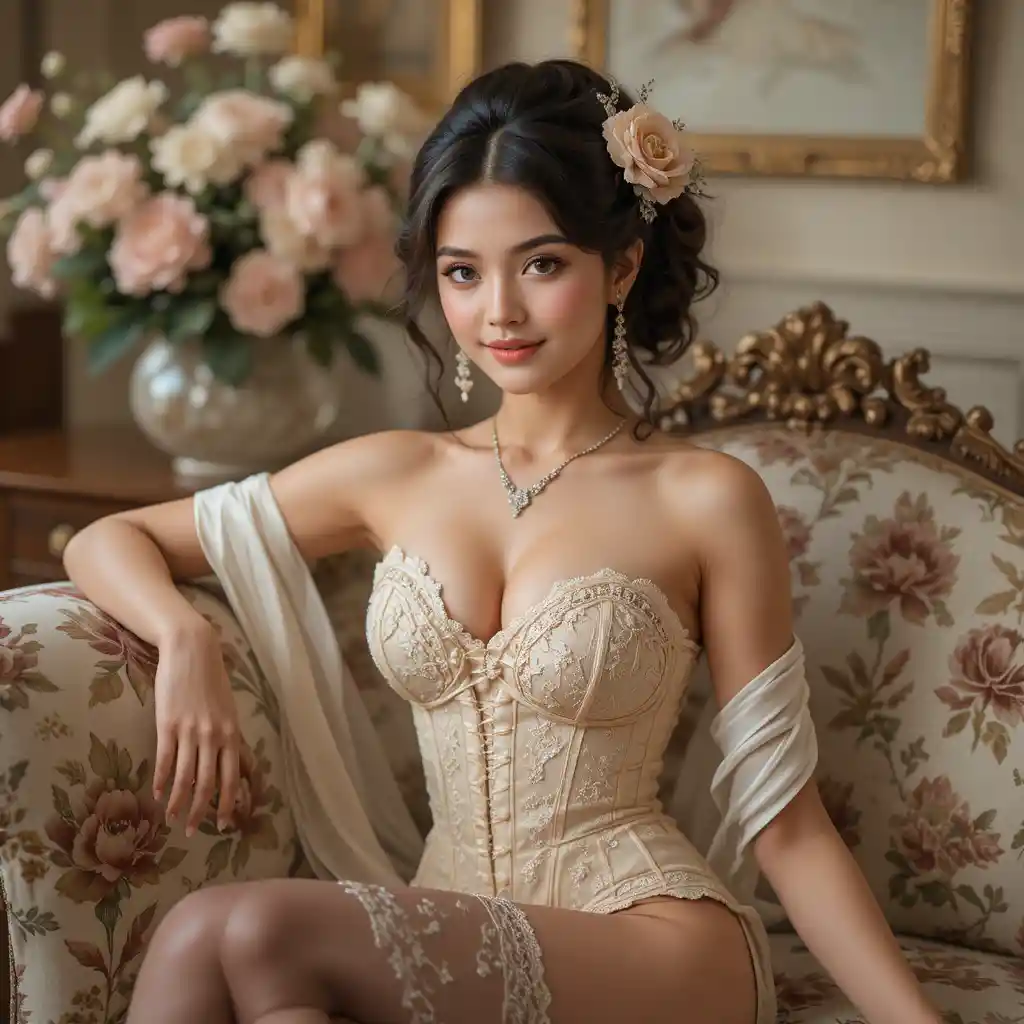 Mulher elegante em lingerie de renda em sofá floral vintage