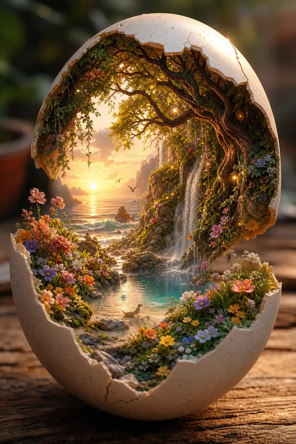 Broken eggshell revealing a serene miniature fantasy landscape