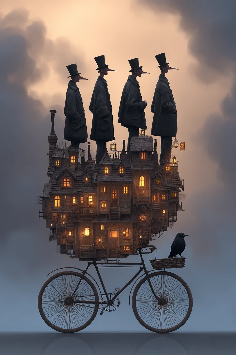 Pequeño pueblo surreal montado en bicicleta al anochecer
