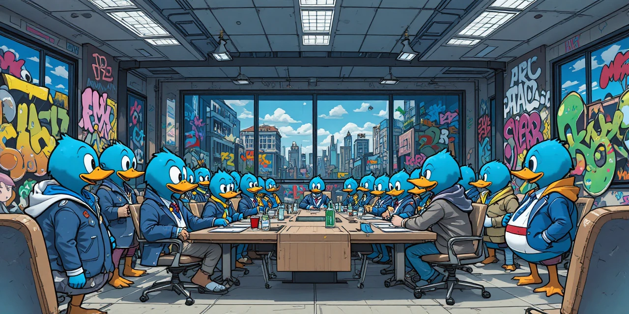 Papere umanoidi blu in una tesa war room urbana