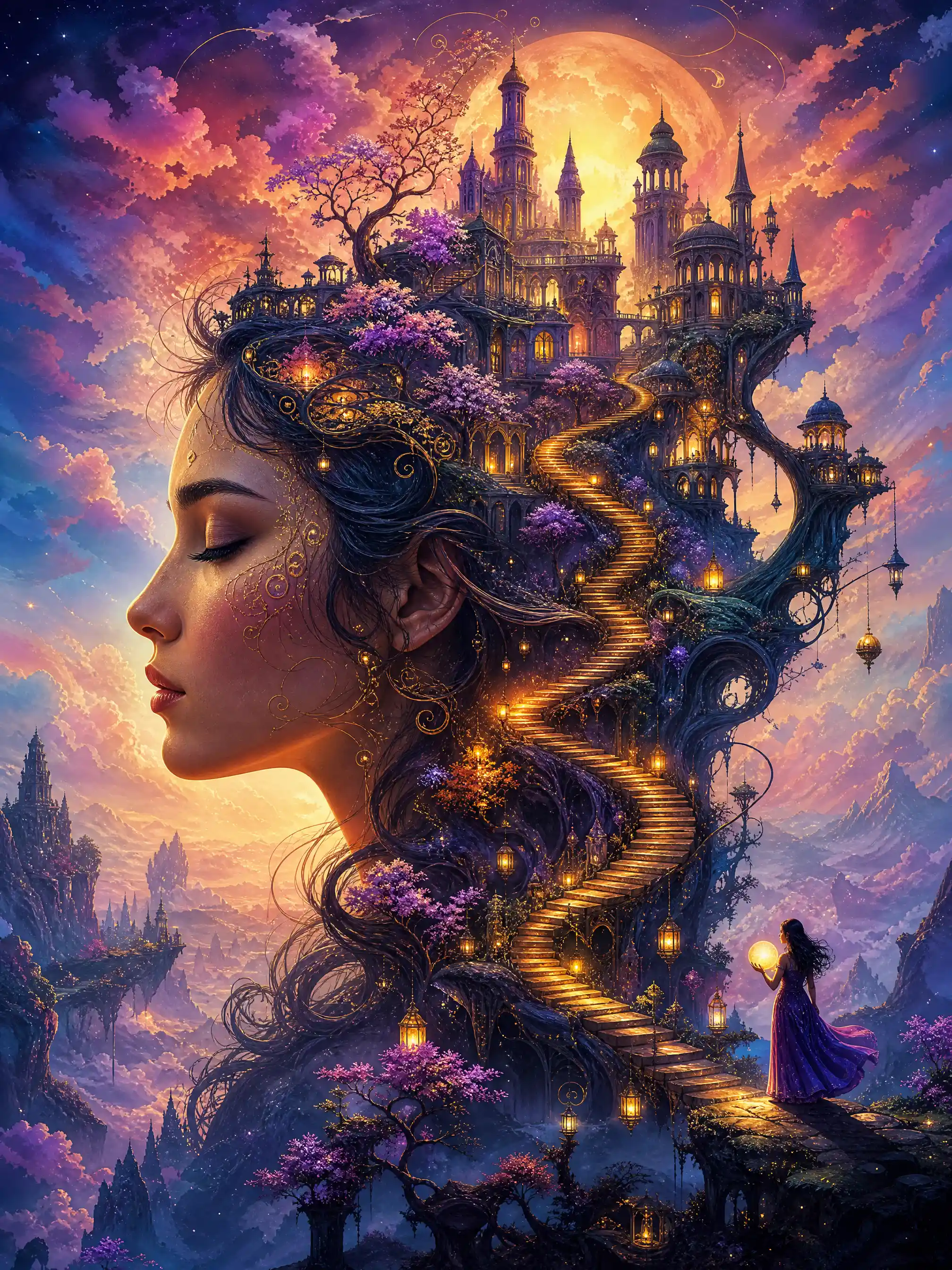 Surreal woman profile with a dreamlike city in her hair