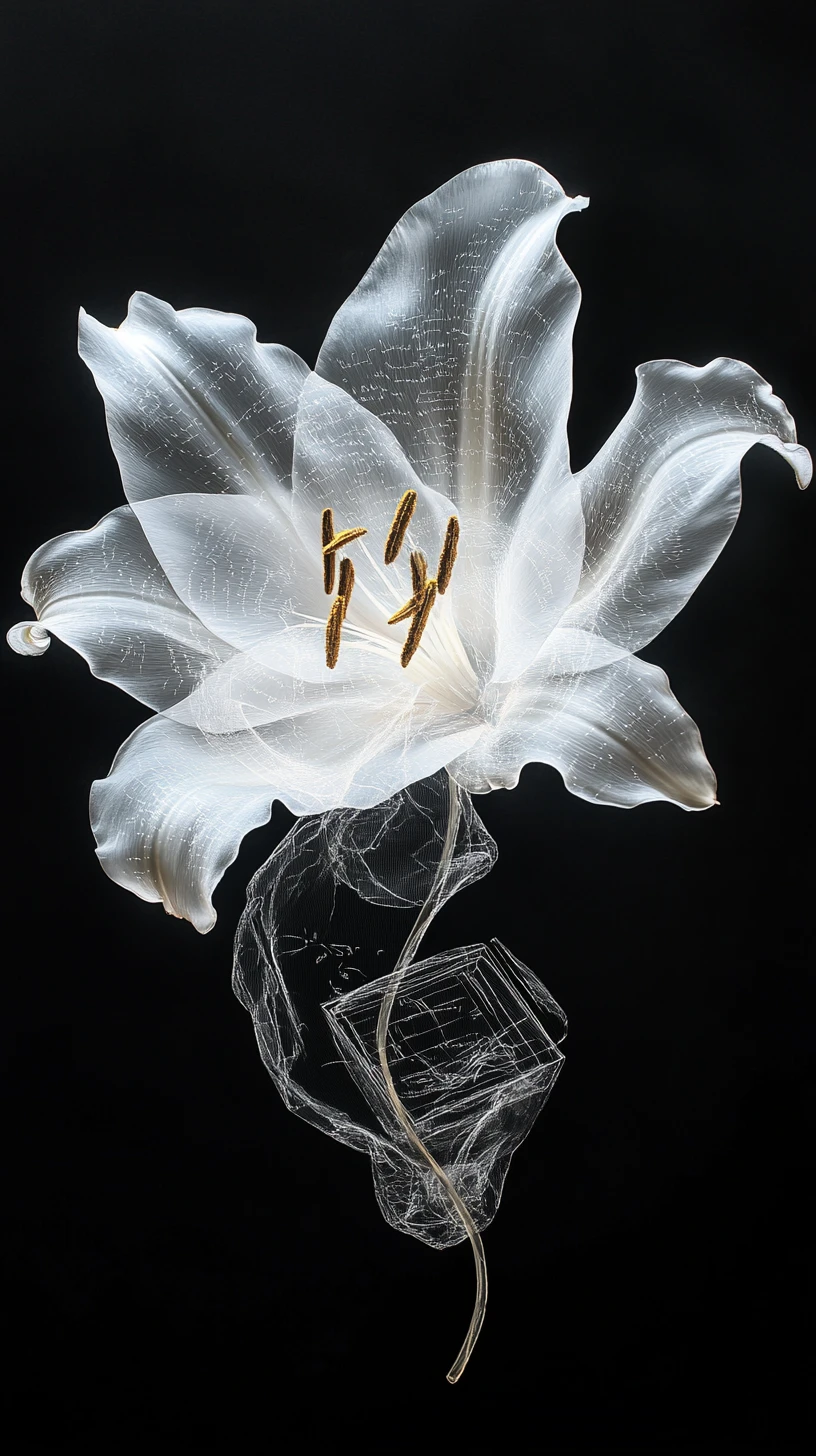 Translucent white lily between life and memory in darkness