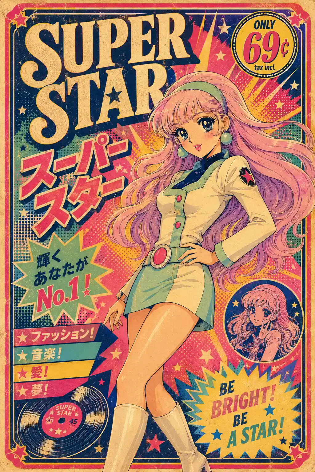 Poster pop art anime retrò con ragazza glamour