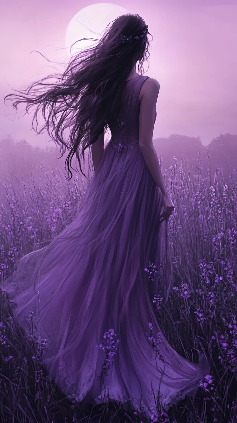 Giovane donna in abito viola in un mistico campo di fiori