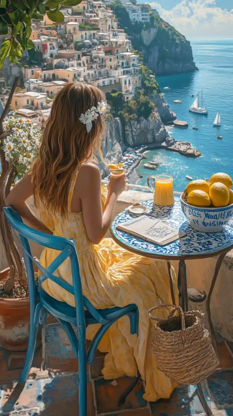 Woman On Balcony Overlooking Positano Amalfi Coast