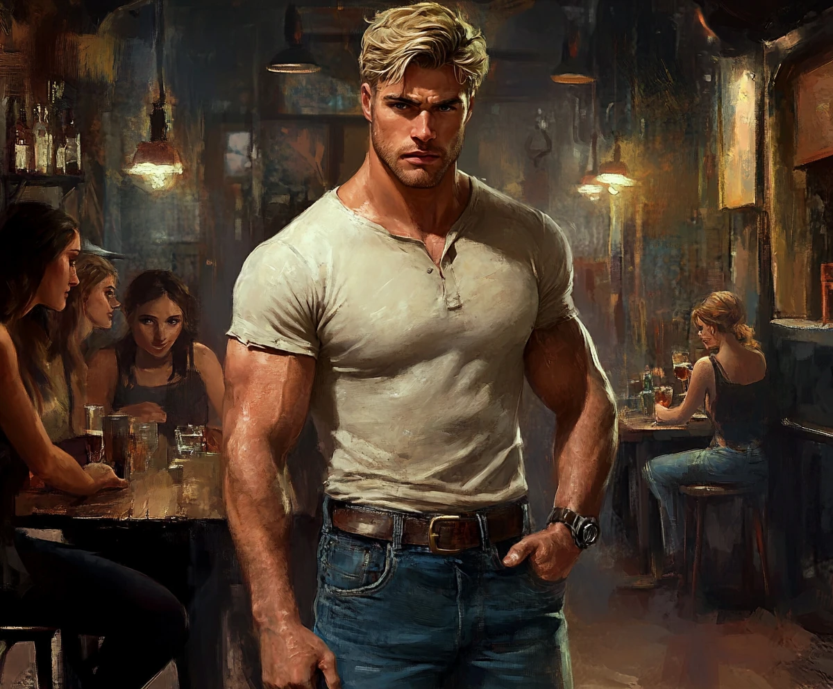 Muskulöser blonder Mann steht in einem gemütlichen Pub