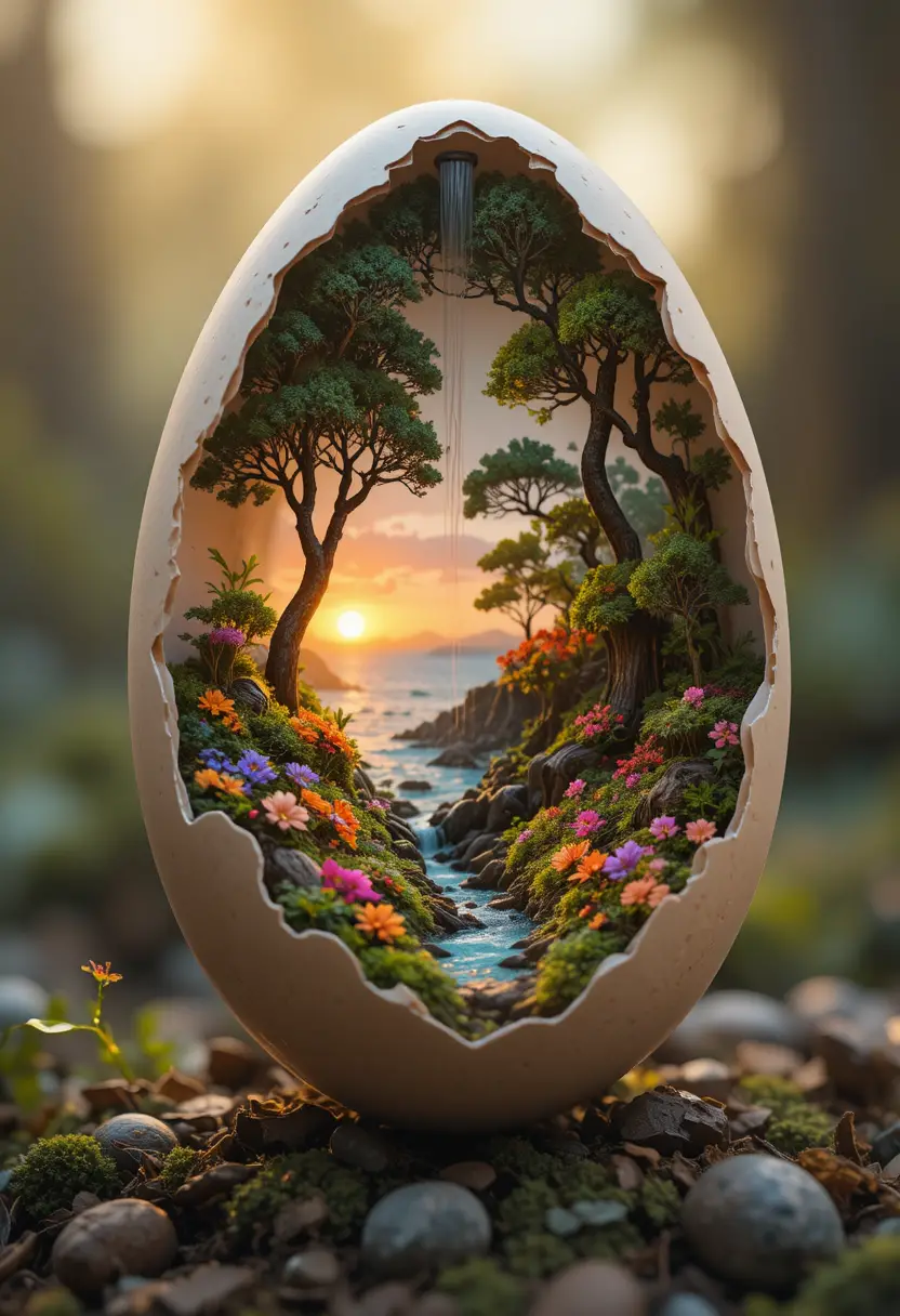 Guscio d’uovo rotto che rivela un minuscolo paesaggio fantasy