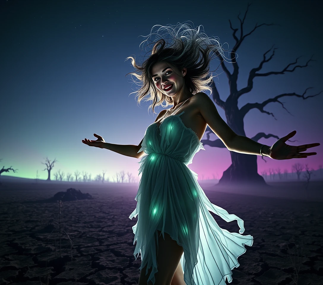 Woman transforming under a dead sky in a barren field