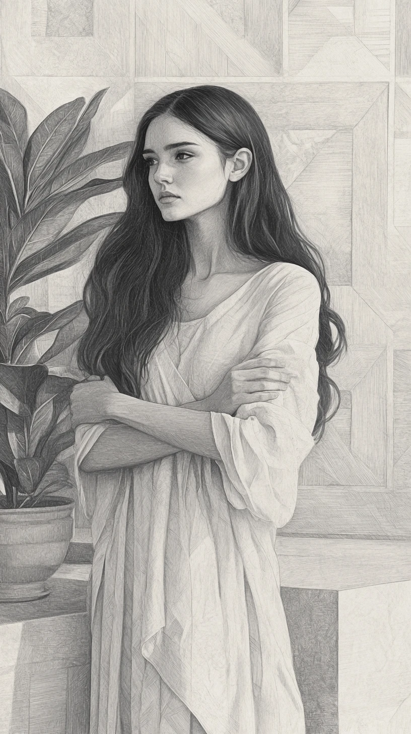 Joven con vestido fluido junto a una planta en boceto