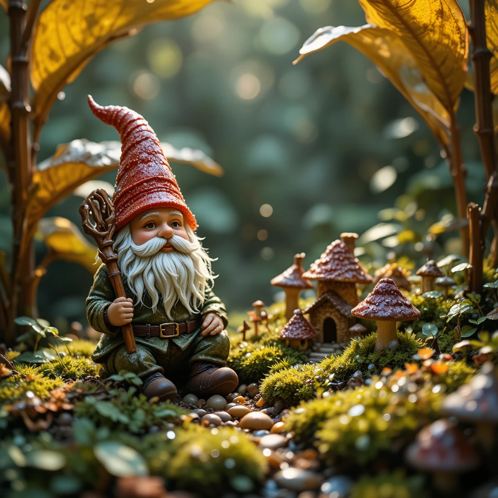 Nain de jardin près d’un minuscule village de champignons au soleil