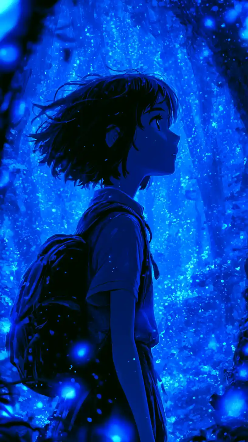 Anime girl in glowing mystical blue forest