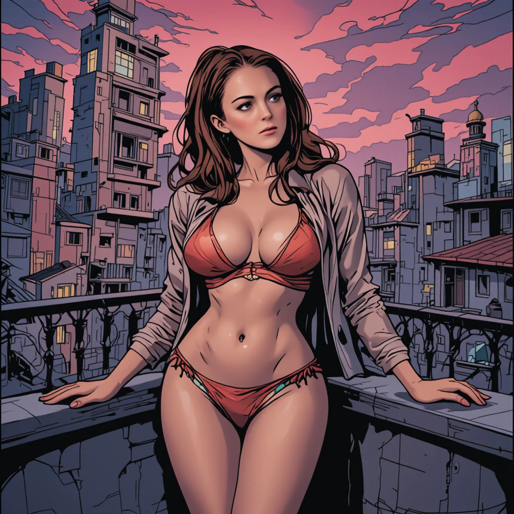 Mulher sensual de biquíni em terraço urbano iluminado
