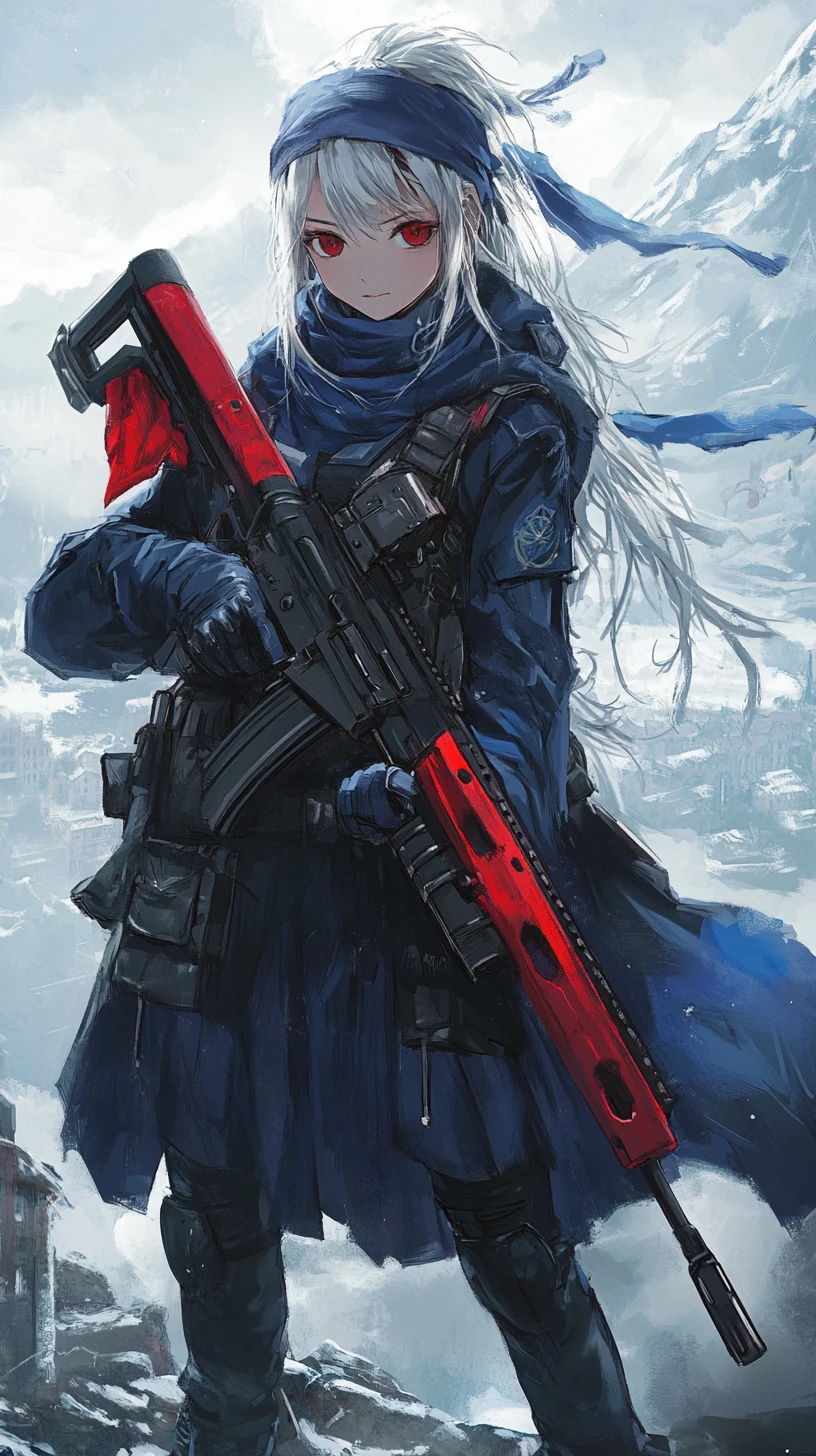 Garota de anime com rifle, sobretudo preto longo e botas