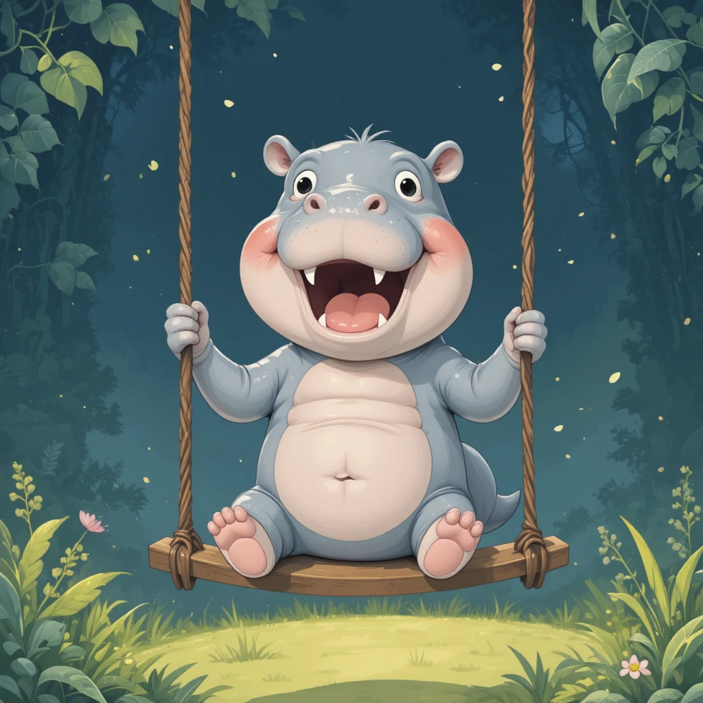 Adorable bébé hippopotame assis joyeusement sur une balançoire