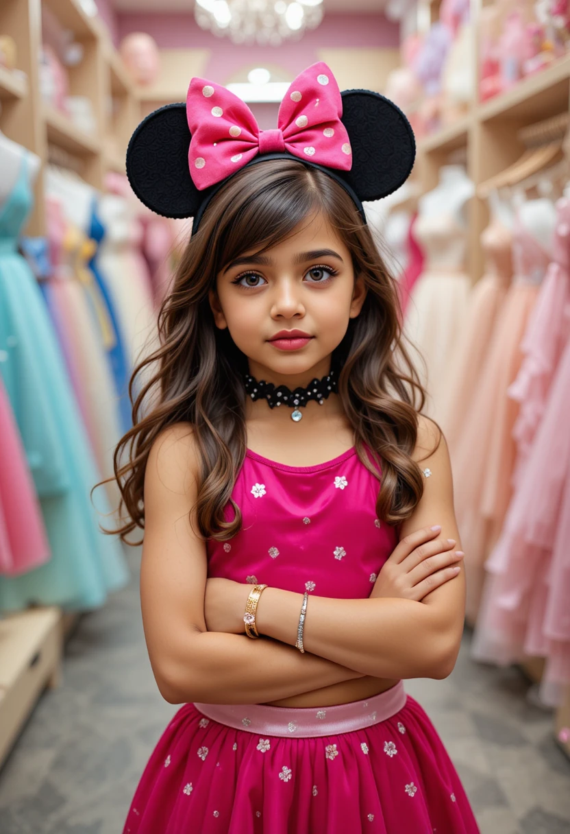 Menino envergonhado de vestido rosa da Minnie posando em ambiente interno