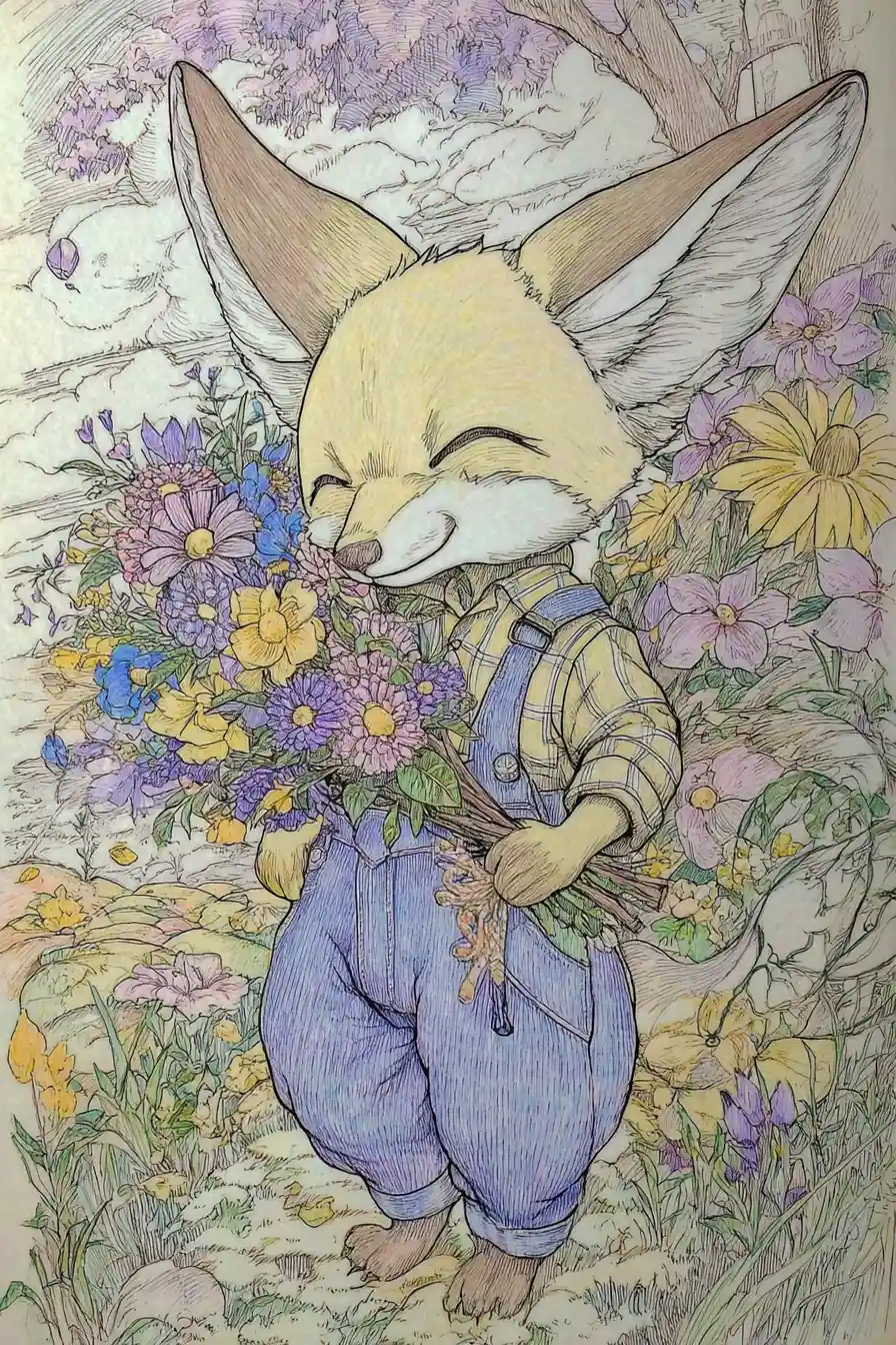 Cute fennec fox with wildflowers in a forest meadow