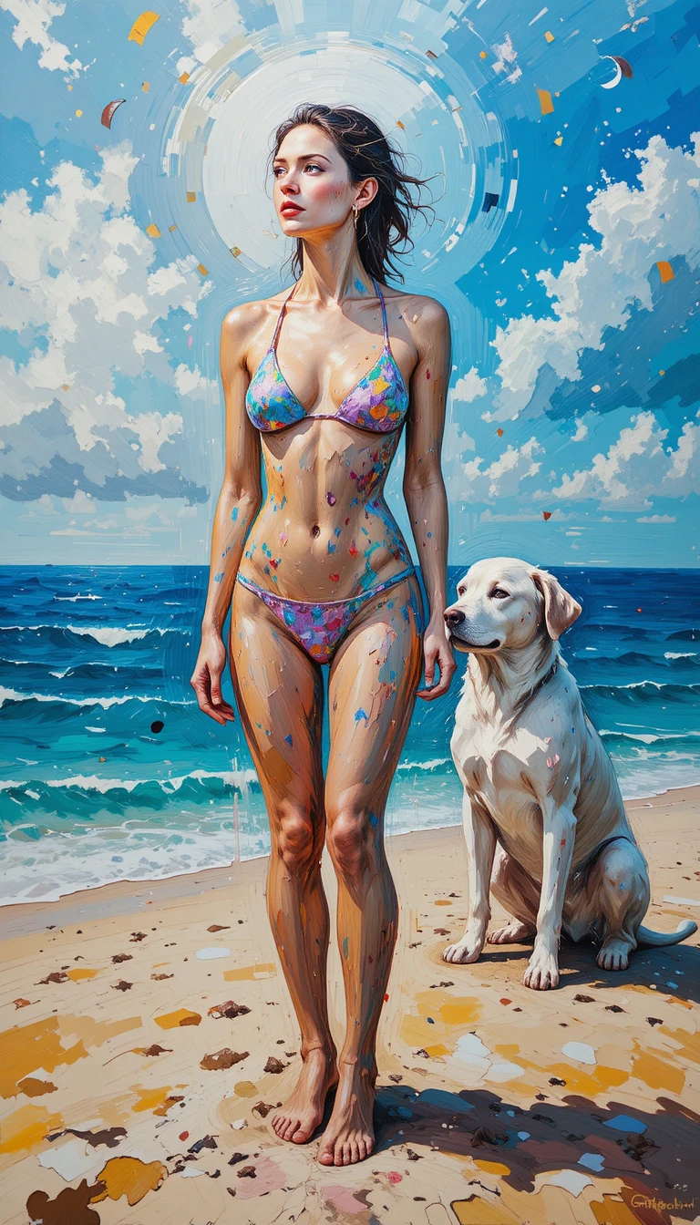 Donna spirituale su una spiaggia al tramonto con cane dorato
