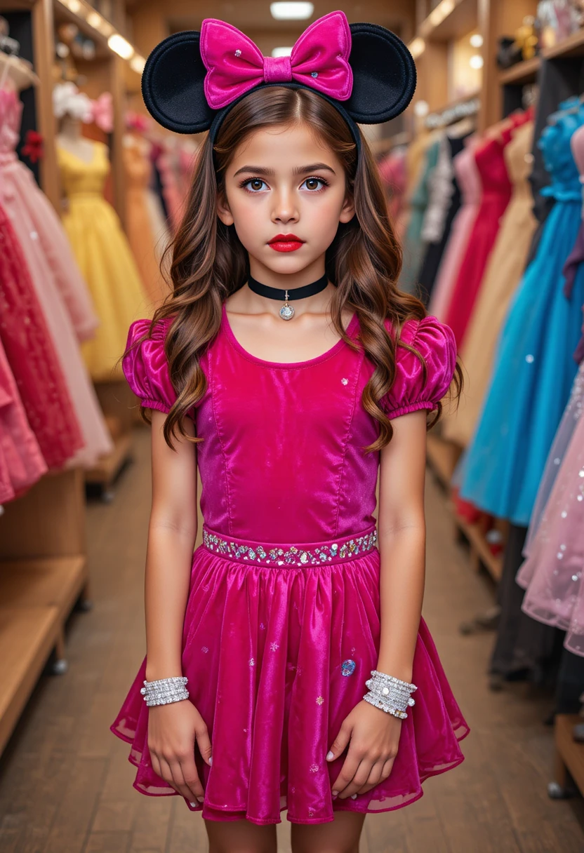 Garoto nervoso vestido de menina com fantasia rosa da Minnie