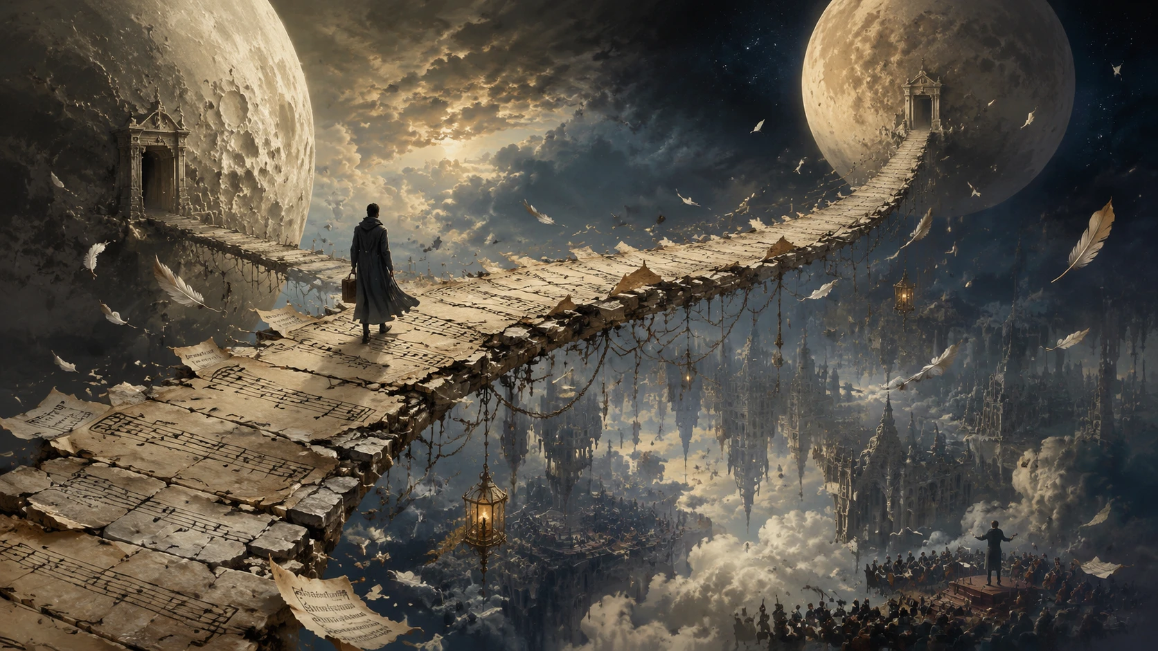 Viaggiatore solitario che attraversa un ponte surreale tra due lune