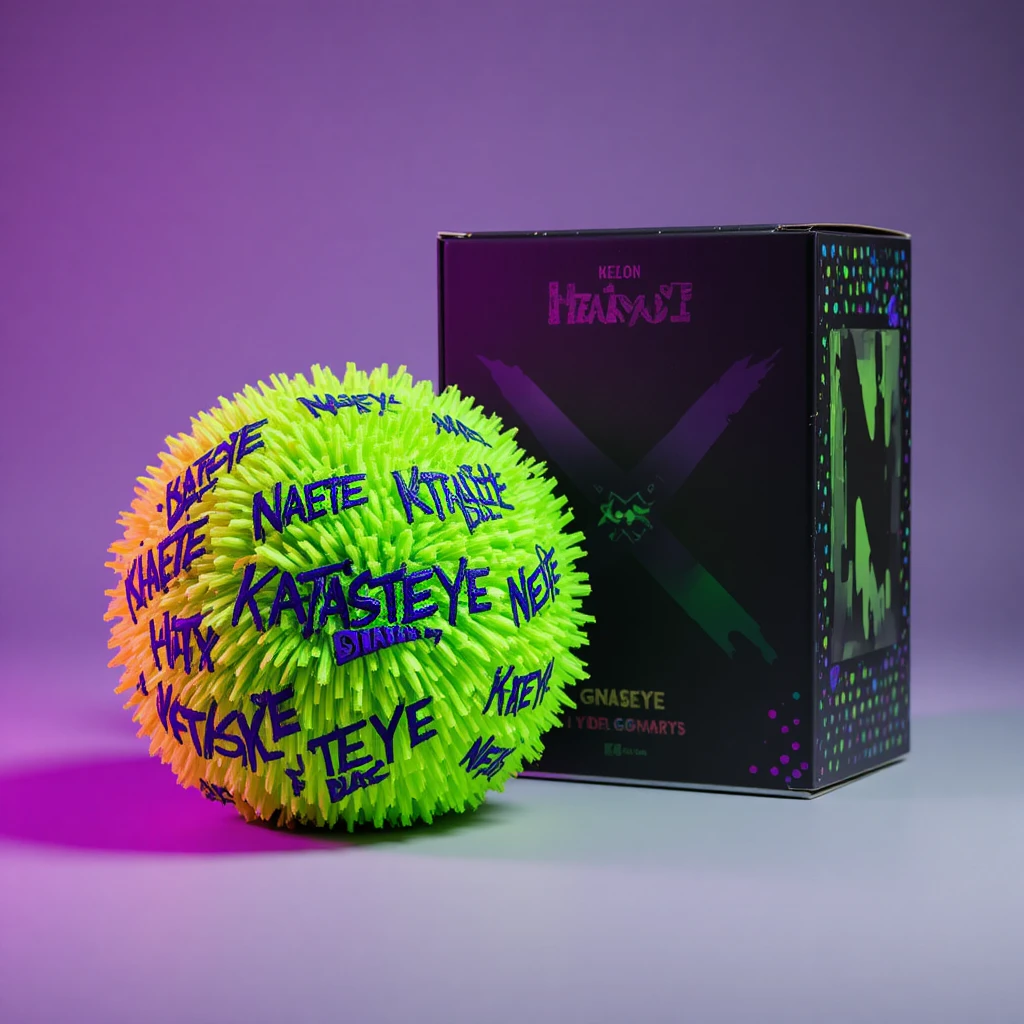 Neongrüner flauschiger Stressball mit Markenverpackung