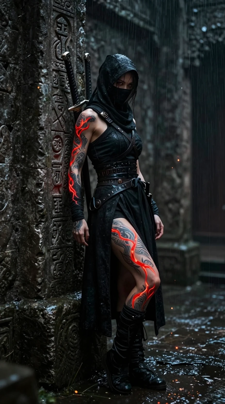Masked female warrior assassin in ancient stone corridor