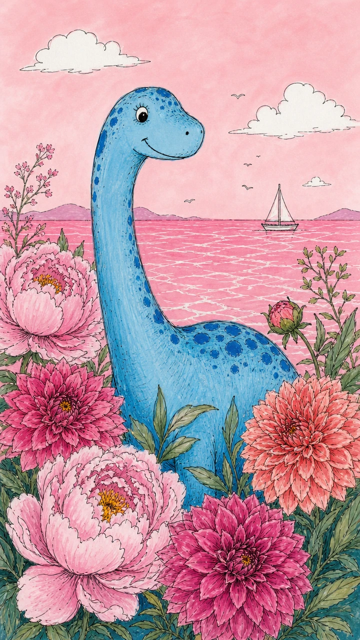 夢のようなピンクの海に咲く花と青い恐竜