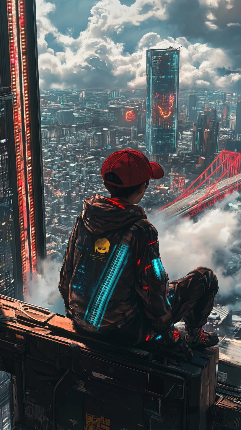 Garçon d’anime au bord d’un toit surplombant une ville cyberpunk néon