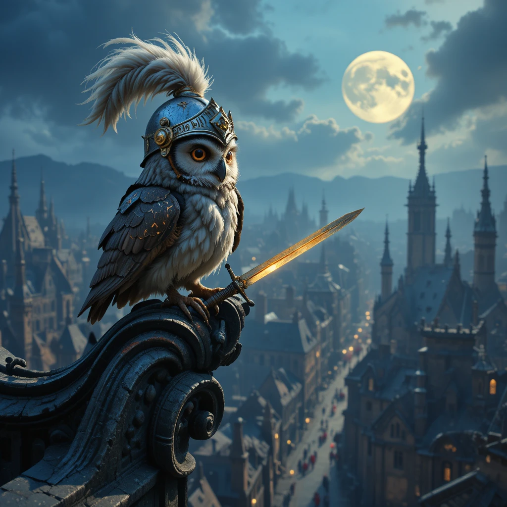 Whimsical armored owl above a dusk medieval city