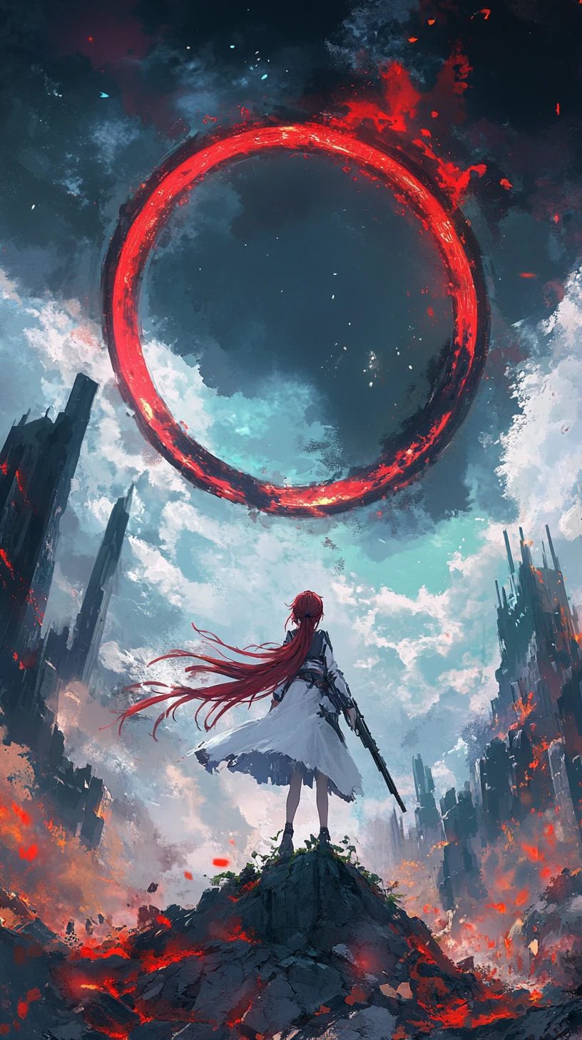 Garota de anime em um mundo de círculos de pedra em camadas