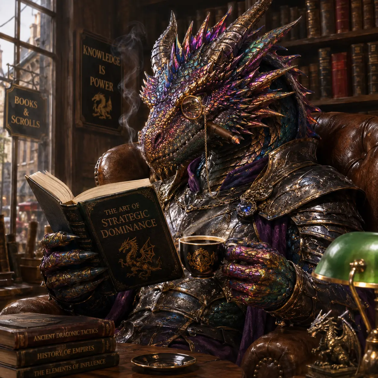 Colorful armored dragon reading in a cozy bookstore
