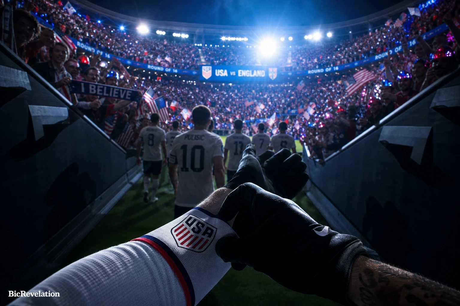 Pov walk through stadium tunnel toward roaring us fan wall