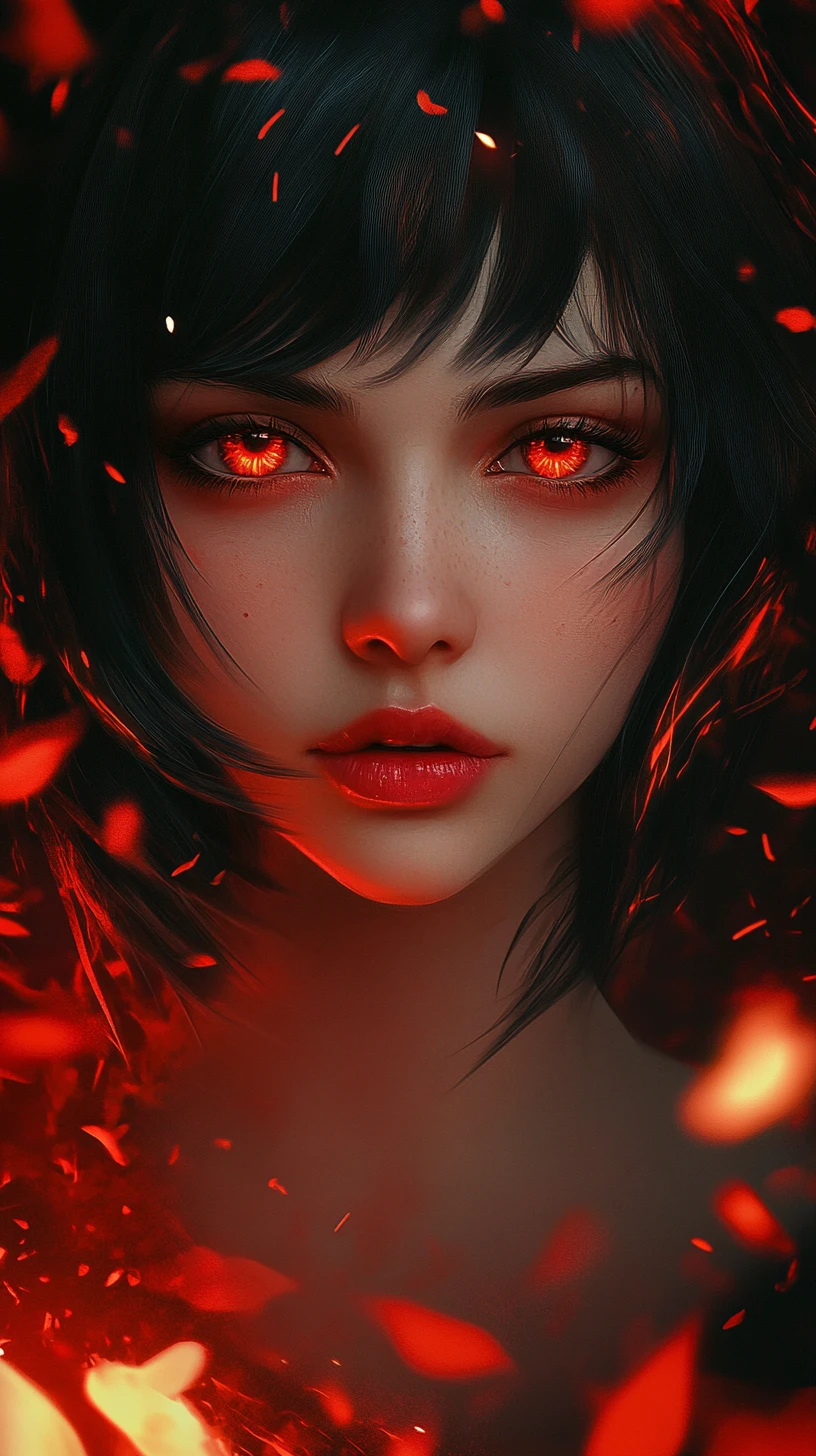 Mulher mística de anime com olhos vermelhos brilhantes e pétalas