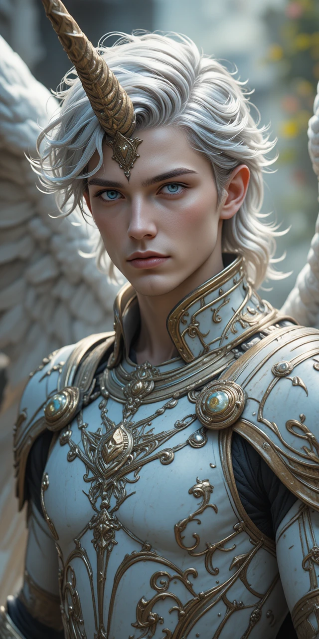 Homme hybride ange déchu et licorne en armure angélique usée
