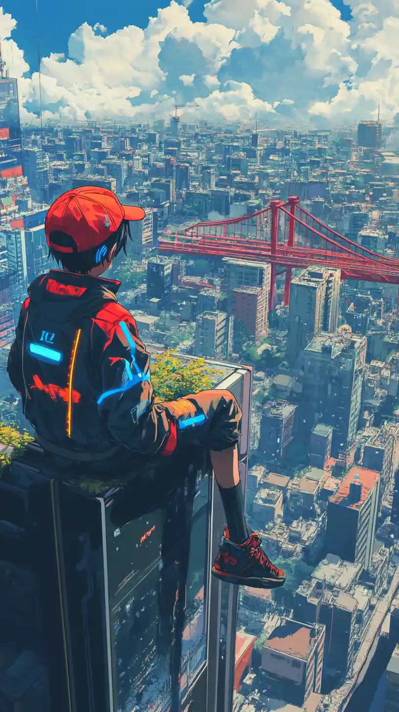 Chico de anime en la azotea sobre ciudad futurista de neón