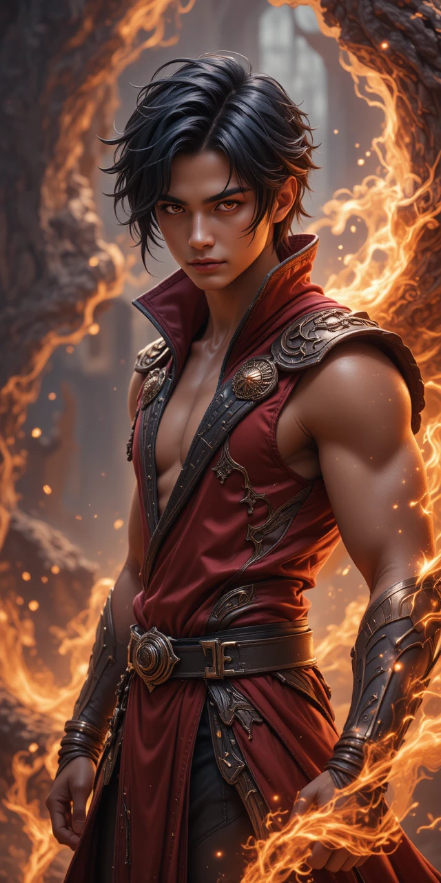 Jeune guerrier draconique à la peau dorée et à l’aura flamboyante