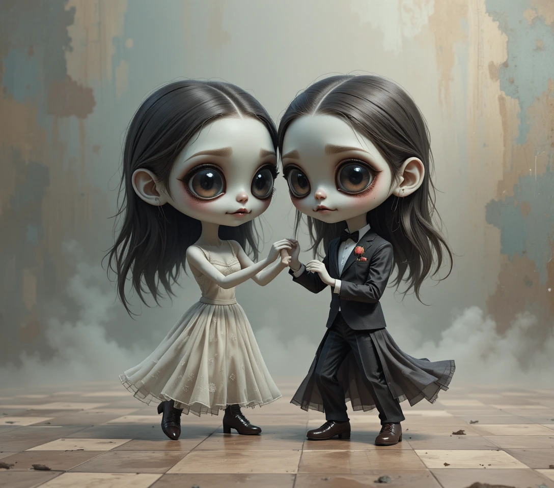 Verspieltes Chibi-Zombie-Paar tanzt auf dem Abschlussball-Parkett