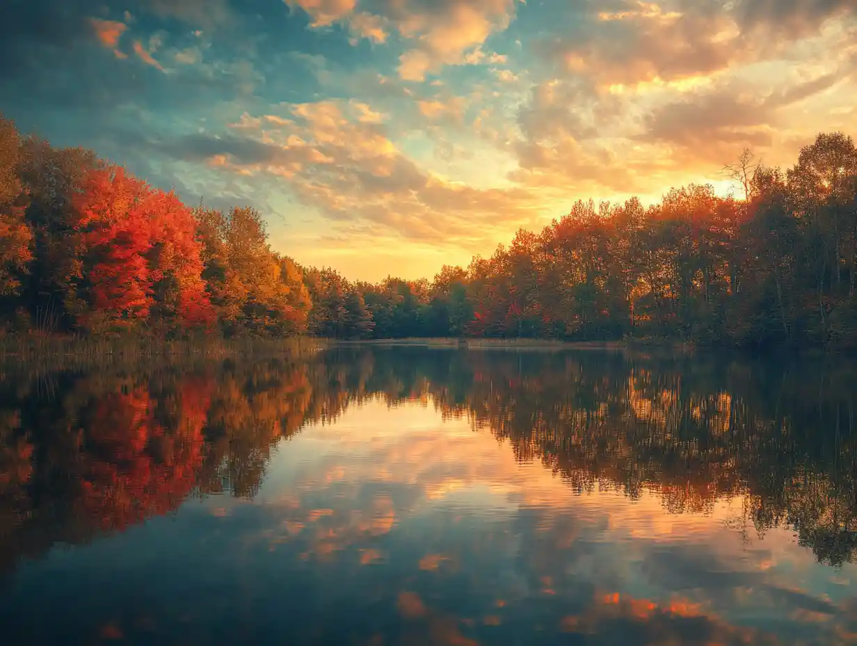 Stille Seelandschaft bei farbenprächtigem Herbstsonnenuntergang