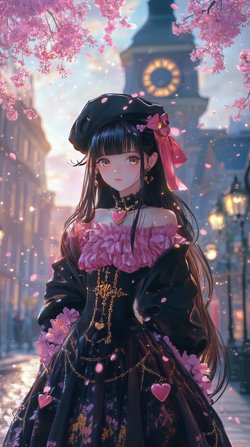 Garota de anime em traje gótico na rua de flores de cerejeira