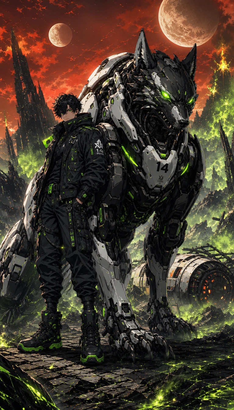 Homem techwear e lobo mecânico em mundo alienígena tóxico