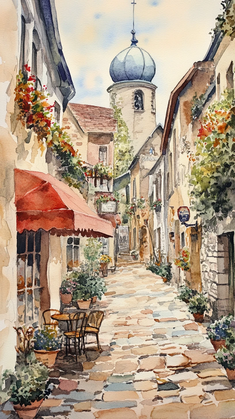 Calle europea en acuarela con café acogedor y casas adosadas