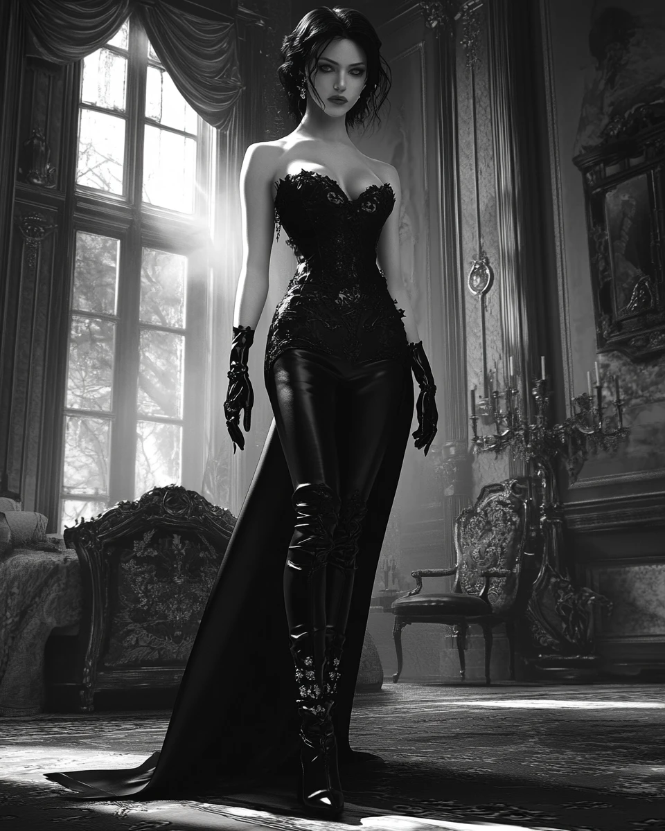 Femme gothique dans une chambre sombre de château, vue en pied