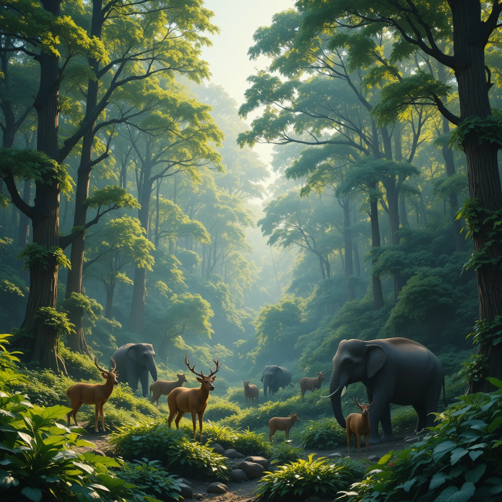 Fauna selvatica pacifica in una rigogliosa foresta verde all’alba