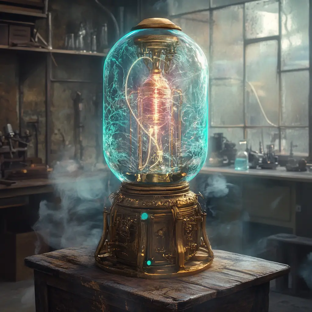 Macchina di ottone da sogno che brilla in un laboratorio d’epoca
